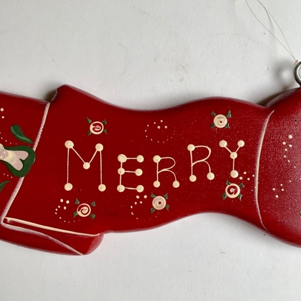 Red Merry Christmas Hanging Wood Sign Wall Plaque Ribbon Bow Hand Painted 24”